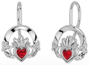 Ruby White Gold Claddagh Celtic Trinity Knot Dangle Earrings