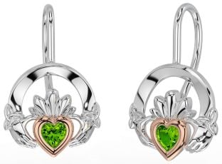 Peridot White Rose Gold Claddagh Celtic Trinity Knot Dangle Earrings