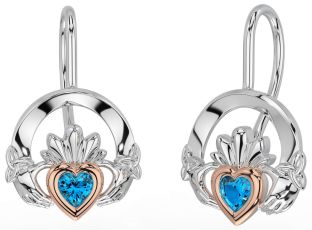 Topas Weiß Rose Gold Claddagh keltisch Dreieinigkeit Knoten Baumeln Ohrringe