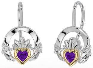 Amethyst White Yellow Gold Claddagh Celtic Trinity Knot Dangle Earrings