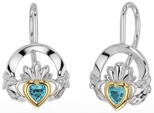 Aquamarine White Yellow Gold Claddagh Celtic Trinity Knot Dangle Earrings