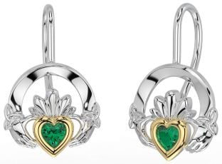 Emerald White Yellow Gold Claddagh Celtic Trinity Knot Dangle Earrings