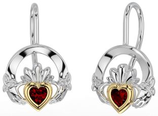 Grenat Blanc Jaune Or Claddagh celtique Trinité Noeud Pendre Des boucles d'oreilles