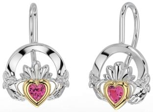 Pink Tourmaline White Yellow Gold Claddagh Celtic Trinity Knot Dangle Earrings