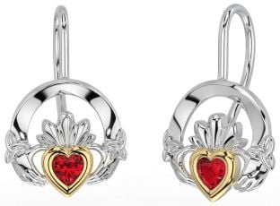 Ruby White Yellow Gold Claddagh Celtic Trinity Knot Dangle Earrings