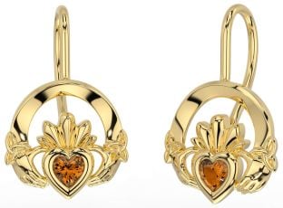 Citrine Gold Claddagh Celtic Trinity Knot Dangle Earrings