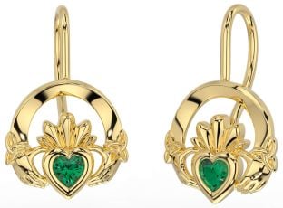 Emerald Gold Claddagh Celtic Trinity Knot Dangle Earrings