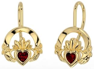 Garnet Gold Claddagh Celtic Trinity Knot Dangle Earrings