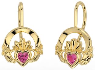Pink Tourmaline Gold Claddagh Celtic Trinity Knot Dangle Earrings
