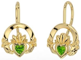 Peridot Gold Claddagh Celtic Trinity Knot Dangle Earrings