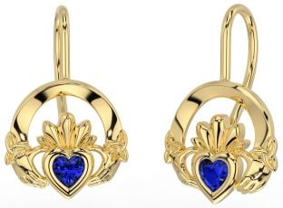 Sapphire Gold Claddagh Celtic Trinity Knot Dangle Earrings