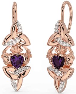 Diamond Alexandrite Rose Gold Silver Claddagh Celtic Trinity Knot Dangle Earrings