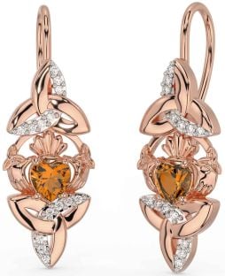 Diamond Citrine Rose Gold Silver Claddagh Celtic Trinity Knot Dangle Earrings