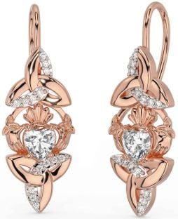 Diamond Rose Gold Silver Claddagh Celtic Trinity Knot Dangle Earrings