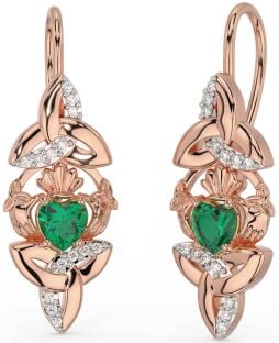 Diamond Emerald Rose Gold Silver Claddagh Celtic Trinity Knot Dangle Earrings