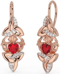 Diamant Rubis Rose Or Argent Claddagh celtique Trinité Noeud Pendre Des boucles d'oreilles