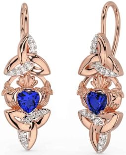 Diamond Sapphire Rose Gold Silver Claddagh Celtic Trinity Knot Dangle Earrings