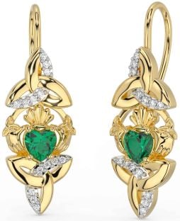 Diamond Emerald Gold Silver Claddagh Celtic Trinity Knot Dangle Earrings