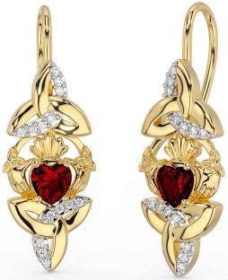 Diamond Garnet Gold Silver Claddagh Celtic Trinity Knot Dangle Earrings