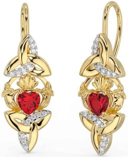 Diamond Ruby Gold Silver Claddagh Celtic Trinity Knot Dangle Earrings