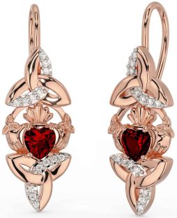 Diamond Garnet Rose Gold Claddagh Celtic Trinity Knot Dangle Earrings