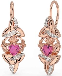 Diamant Rosa Turmalin Rose Gold Claddagh keltisch Dreieinigkeit Knoten Baumeln Ohrringe