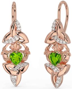 Diamond Peridot Rose Gold Claddagh Celtic Trinity Knot Dangle Earrings