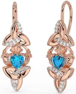 Diamond Topaz Rose Gold Claddagh Celtic Trinity Knot Dangle Earrings