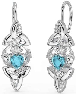 Diamond Aquamarine Silver Claddagh Celtic Trinity Knot Dangle Earrings