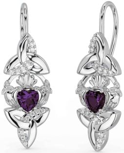 Diamond Alexandrite Silver Claddagh Celtic Trinity Knot Dangle Earrings