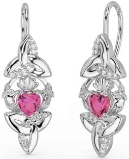 Diamond Pink Tourmaline Silver Claddagh Celtic Trinity Knot Dangle Earrings