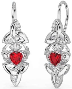 Diamond Ruby Silver Claddagh Celtic Trinity Knot Dangle Earrings