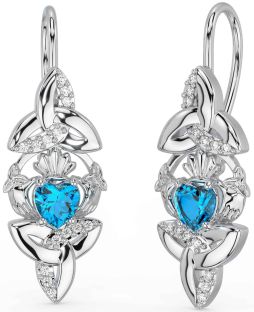 Diamond Topaz Silver Claddagh Celtic Trinity Knot Dangle Earrings