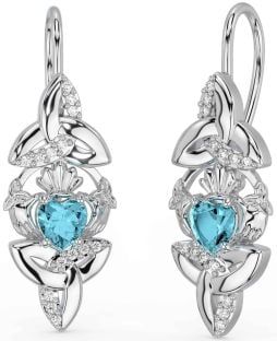 Diamond Aquamarine White Gold Claddagh Celtic Trinity Knot Dangle Earrings