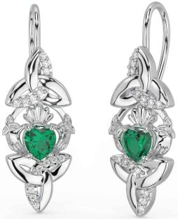 Diamond Emerald White Gold Claddagh Celtic Trinity Knot Dangle Earrings