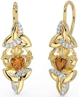 Diamond Citrine Gold Claddagh Celtic Trinity Knot Dangle Earrings