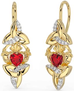 Diamond Ruby Gold Claddagh Celtic Trinity Knot Dangle Earrings