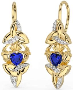 Diamond Sapphire Gold Claddagh Celtic Trinity Knot Dangle Earrings