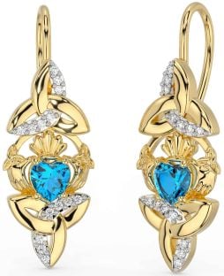 Diamond Topaz Gold Claddagh Celtic Trinity Knot Dangle Earrings