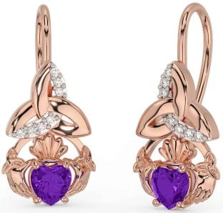 Diamond Amethyst Rose Gold Silver Claddagh Celtic Trinity Knot Dangle Earrings