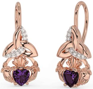 Diamond Alexandrite Rose Gold Silver Claddagh Celtic Trinity Knot Dangle Earrings