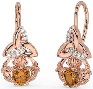 Diamant Citrin Rose Gold Silber Claddagh keltisch Dreieinigkeit Knoten Baumeln Ohrringe