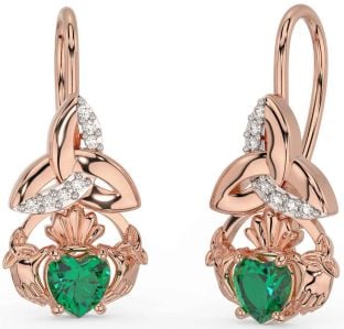 Diamond Emerald Rose Gold Silver Claddagh Celtic Trinity Knot Dangle Earrings