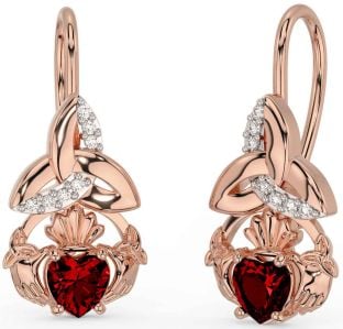 Diamant Granat Rosa Guld Sølv Claddagh Keltisk Treenighed Knude Dingle Øreringe