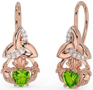 Diamond Peridot Rose Gold Silver Claddagh Celtic Trinity Knot Dangle Earrings