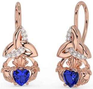 Diamond Sapphire Rose Gold Silver Claddagh Celtic Trinity Knot Dangle Earrings