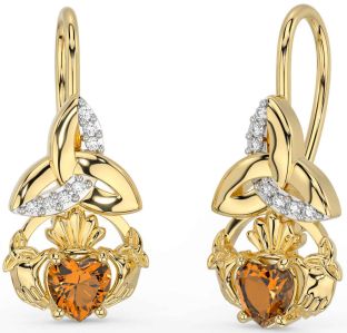 Diamond Citrine Gold Silver Claddagh Celtic Trinity Knot Dangle Earrings