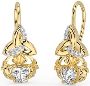 Diamond Gold Silver Claddagh Celtic Trinity Knot Dangle Earrings