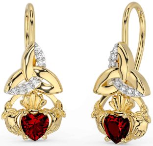Diamond Garnet Gold Silver Claddagh Celtic Trinity Knot Dangle Earrings