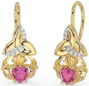 Diamond Pink Tourmaline Gold Silver Claddagh Celtic Trinity Knot Dangle Earrings